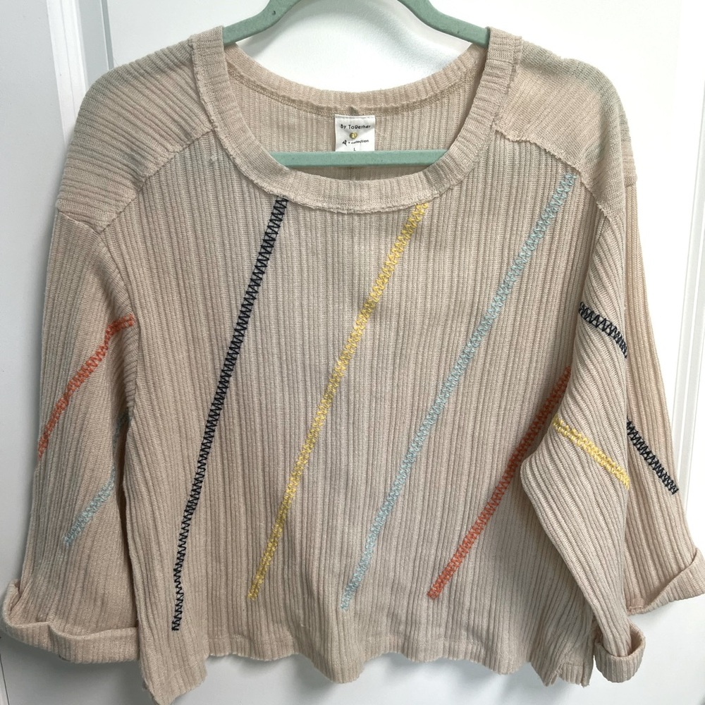 By Together Striped Beige Sweater with Multicolor Accents
Sz Large